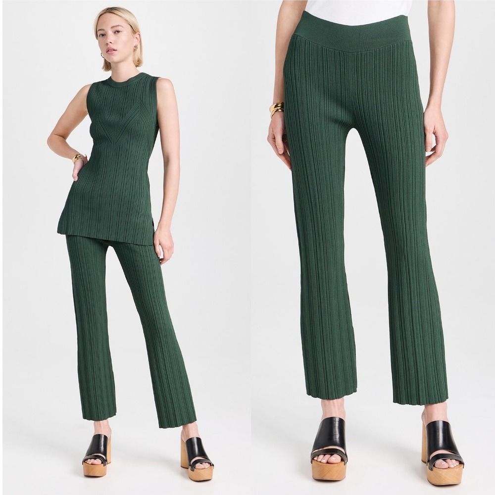Veronica Beard Massaro Pant Forest Green Ribbed Wide Leg Knit Size XL